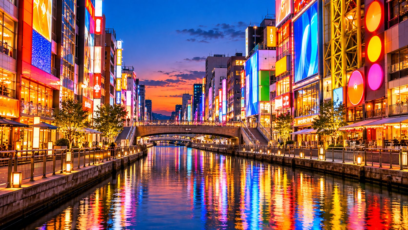 Dotonbori canal in Osaka lit up at dusk