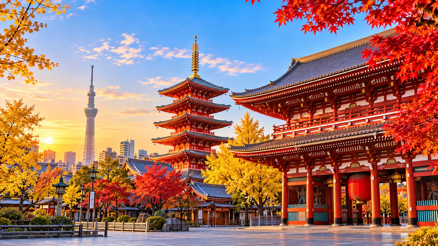 Senso-ji temple in Tokyo with autumn leaves and Tokyo Skytree behind
